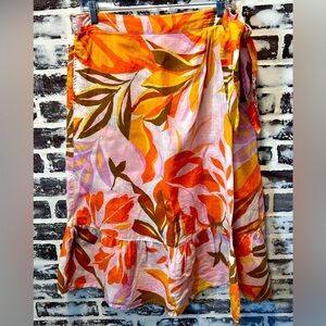 C&C California 100% Linen Tropical Print Faux Wrap Ruffle Midi Skirt Pockets L